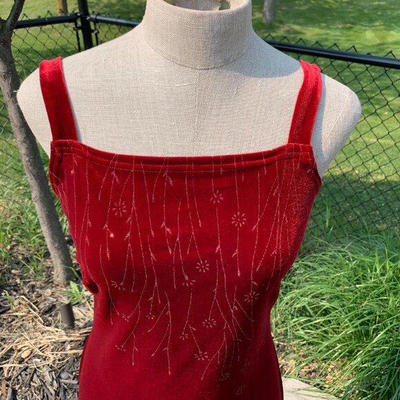 Vintage 90s Red Velvet Maxi Slip Dress Square Neck Glitter Side Slit Long Gown - Picture 2 of 16